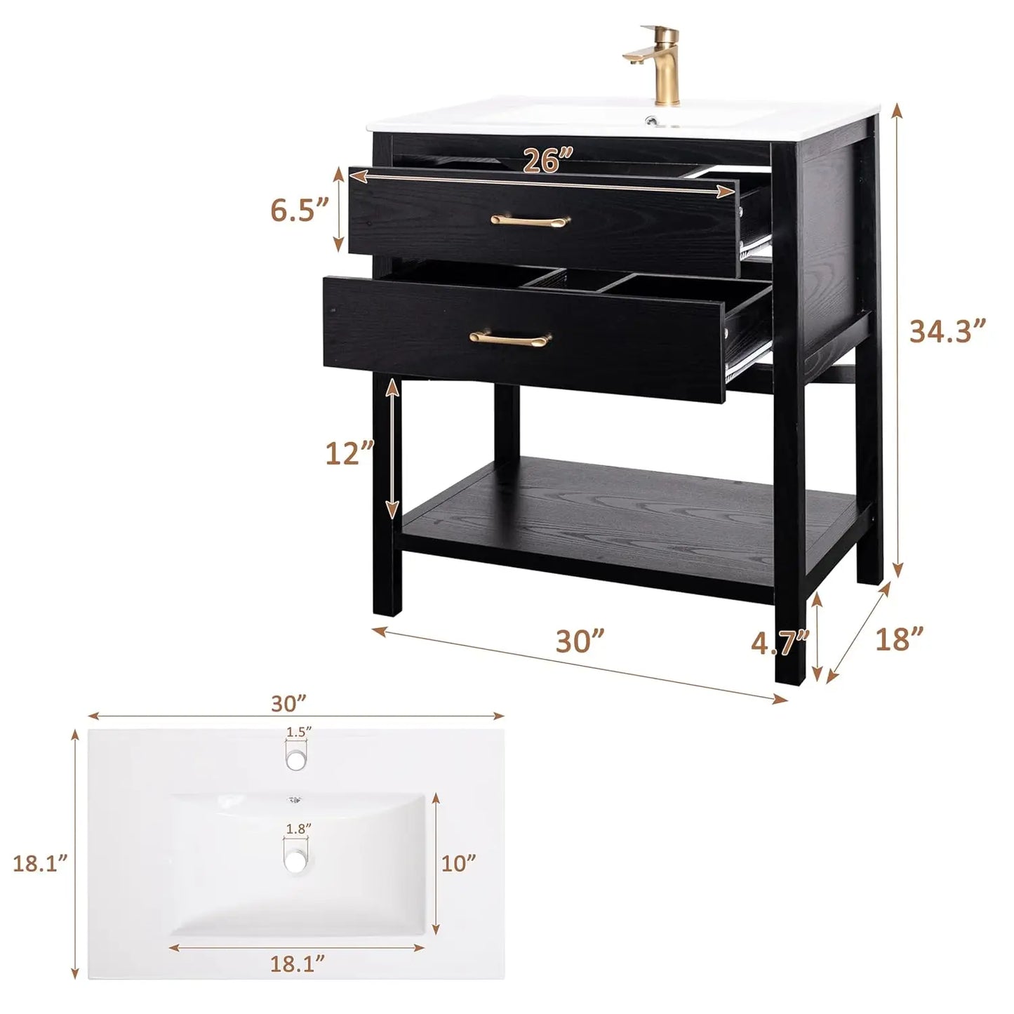30" Freestanding Farmhouse Bathroom Vanity with Sink Cabinet 2 Drawers & Open Shelf Metal Handles
