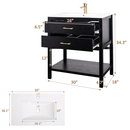 30" Freestanding Farmhouse Bathroom Vanity with Sink Cabinet 2 Drawers & Open Shelf Metal Handles