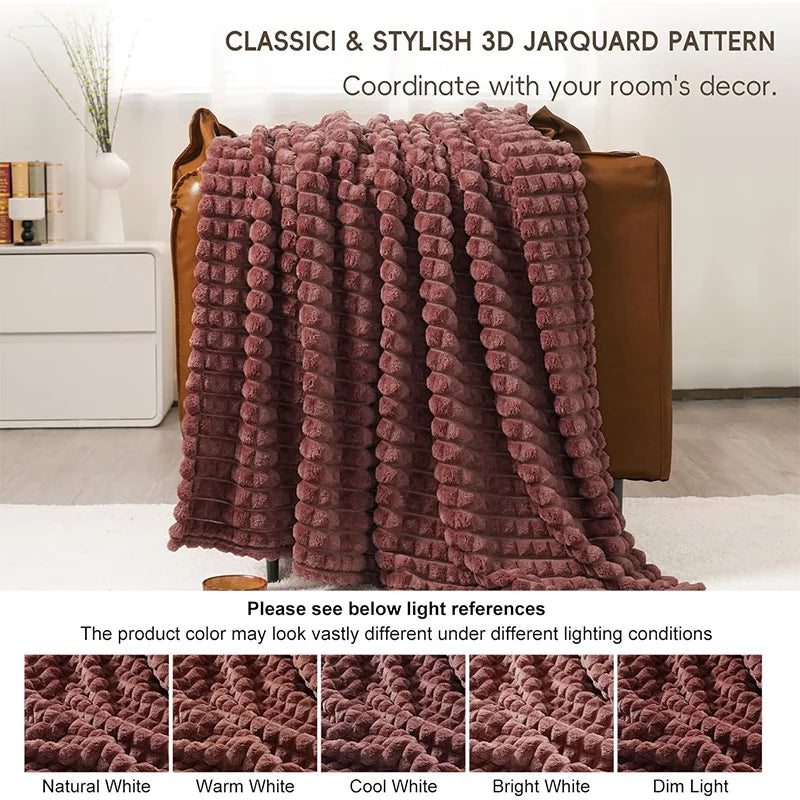 Faux Rabbit Fur Checkered Throw Blanket Fluffy for Bed Couch