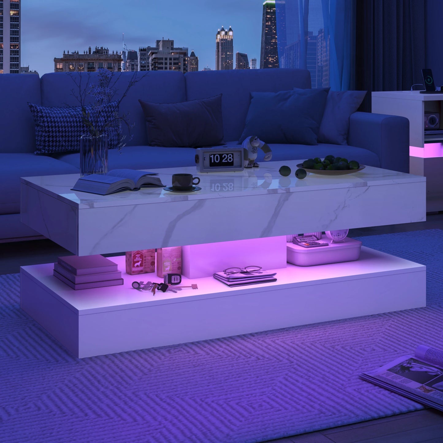 Modern Stylish Double-Layer Design Coffee Table with LED Lights 2 Storage Drawers