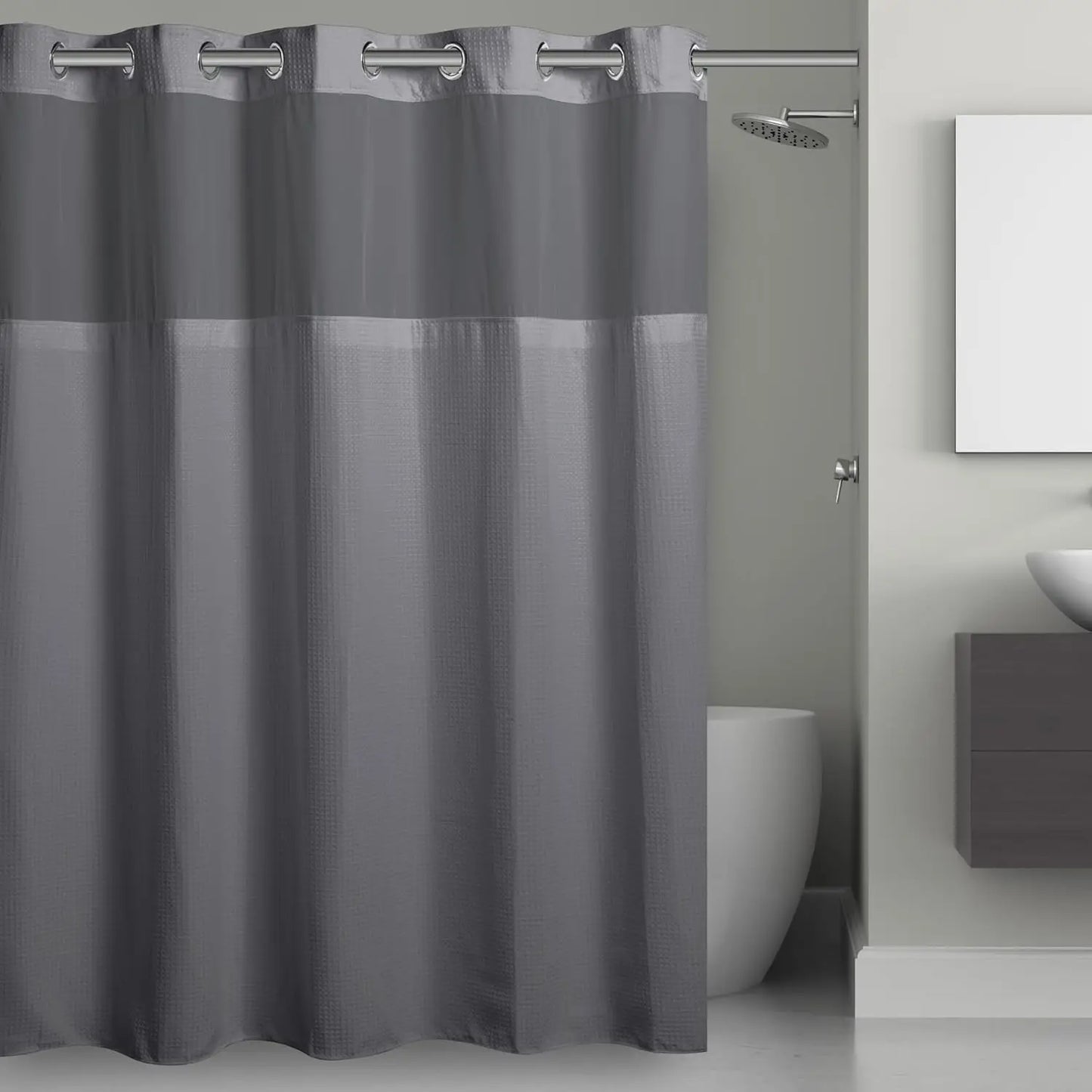Hookless Waffle Shower Curtain Set with Sheer Window Snap-In Liner Built-In Rings, 71x74 Inches, Frost Grey