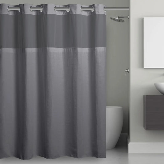 Hookless Waffle Shower Curtain Set with Sheer Window Snap-In Liner Built-In Rings, 71x74 Inches, Frost Grey