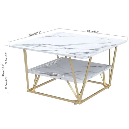 Modern 31.5" Square Two-Tier Coffee Table w/ Wooden Tabletop - White Marble, Gold Frame