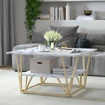 Modern 31.5" Square Two-Tier Coffee Table w/ Wooden Tabletop - White Marble, Gold Frame
