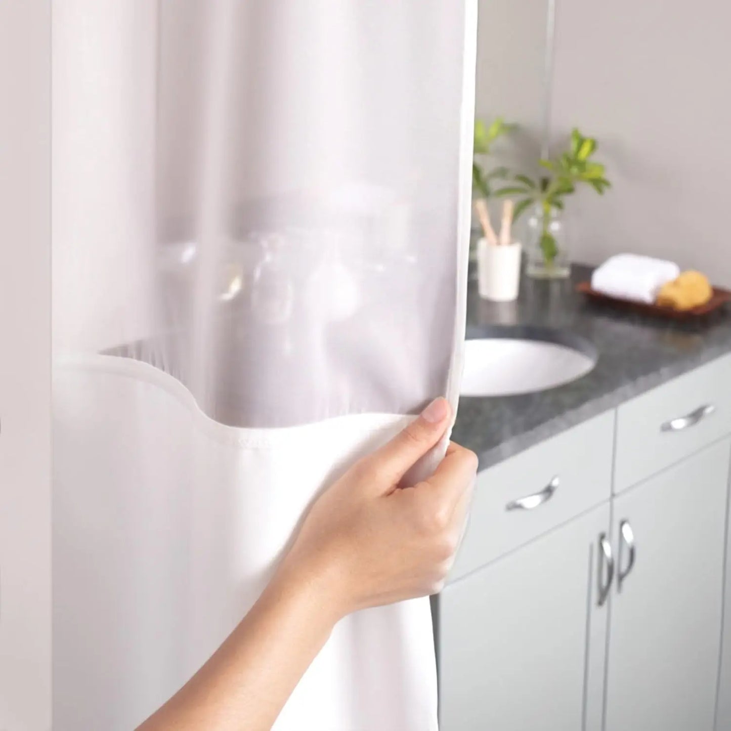 Hookless Waffle Shower Curtain Set with Sheer Window Snap-In Liner Built-In Rings, 71x74 Inches, Frost Grey