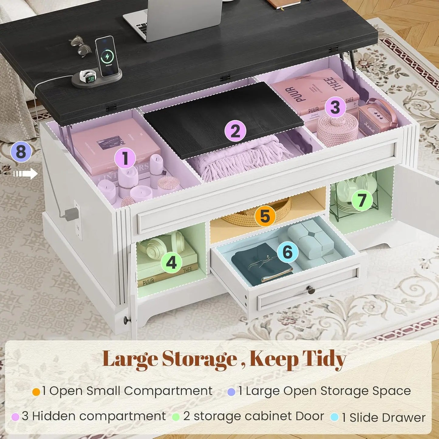 Multi-Function Lift Top Coffee Table with Storage Power Outlets Hidden Compartment