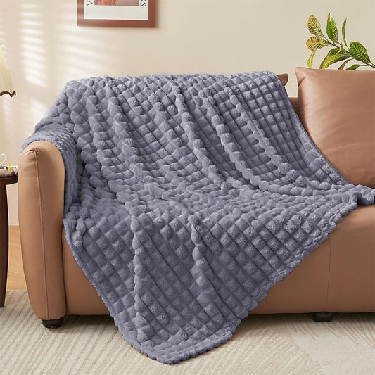 Faux Rabbit Fur Checkered Throw Blanket Fluffy for Bed Couch
