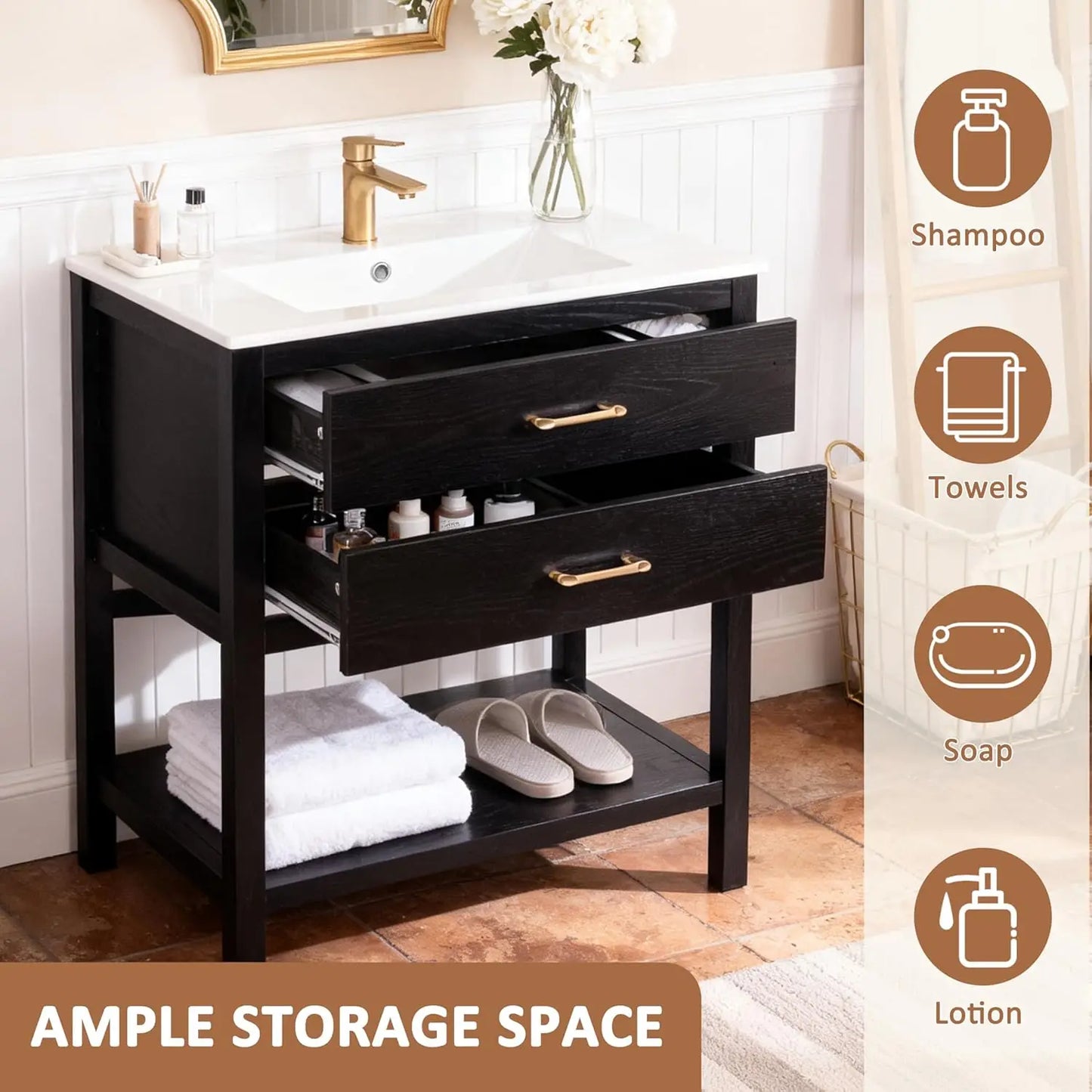 30" Freestanding Farmhouse Bathroom Vanity with Sink Cabinet 2 Drawers & Open Shelf Metal Handles