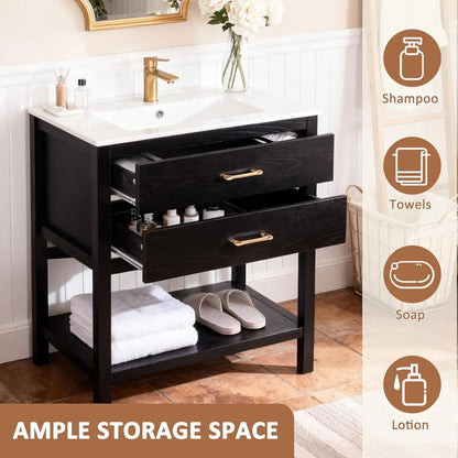 30" Freestanding Farmhouse Bathroom Vanity with Sink Cabinet 2 Drawers & Open Shelf Metal Handles