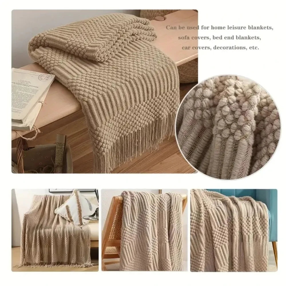Oversized Vintage Farmhouse Knitted Throw Blanket with Tassels
