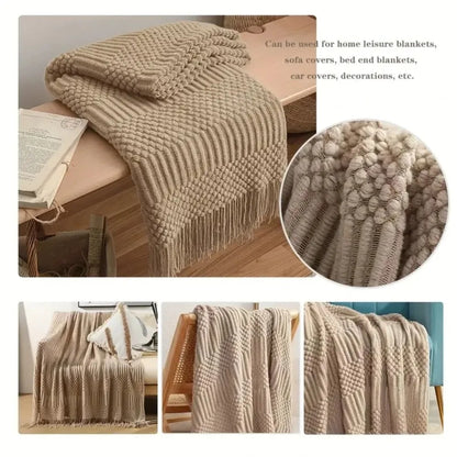 Oversized Vintage Farmhouse Knitted Throw Blanket with Tassels