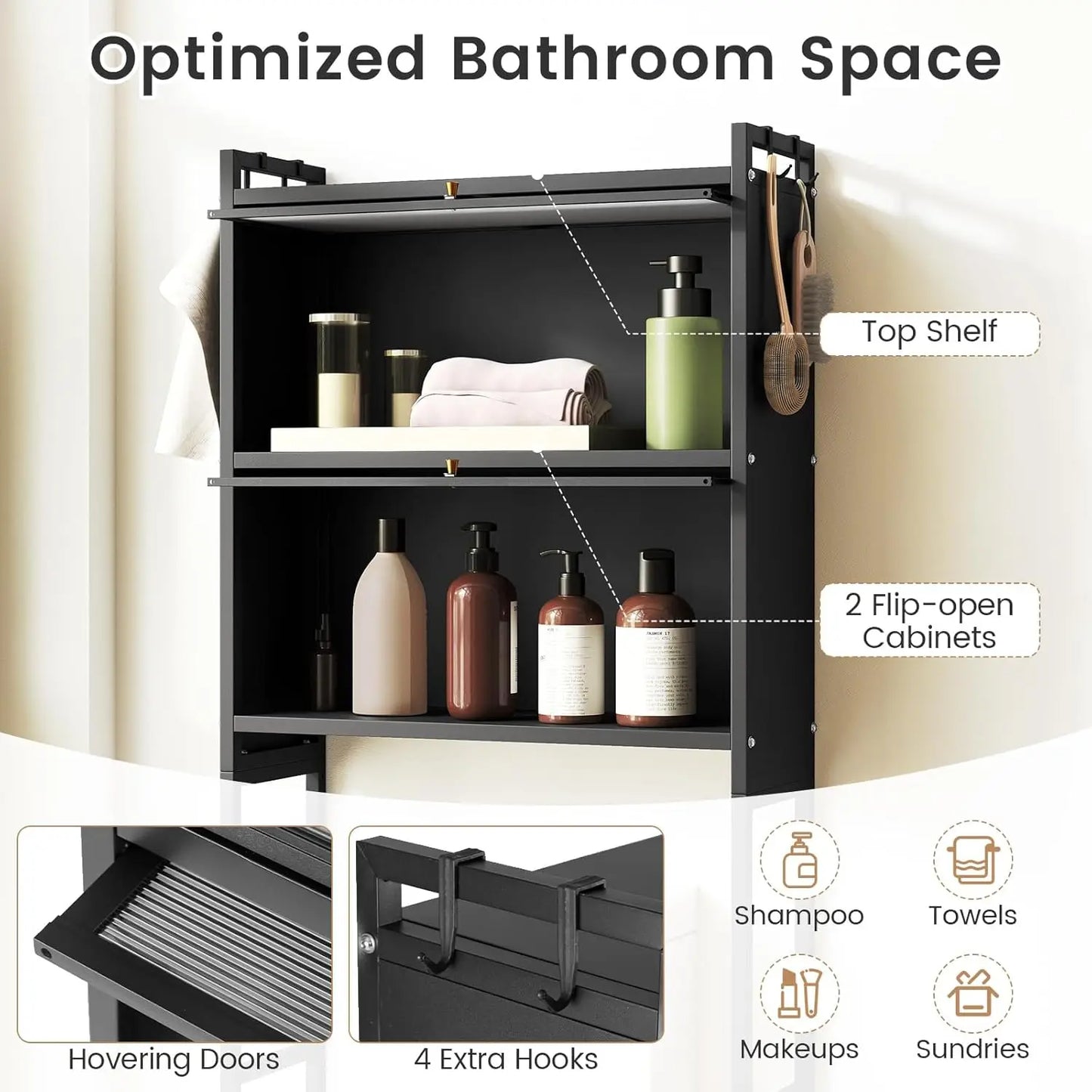 Freestanding Over the Toilet Storage Cabinet 2 Flip-up Fluted Doors 4 Hooks Metal Stand