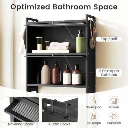 Freestanding Over the Toilet Storage Cabinet 2 Flip-up Fluted Doors 4 Hooks Metal Stand