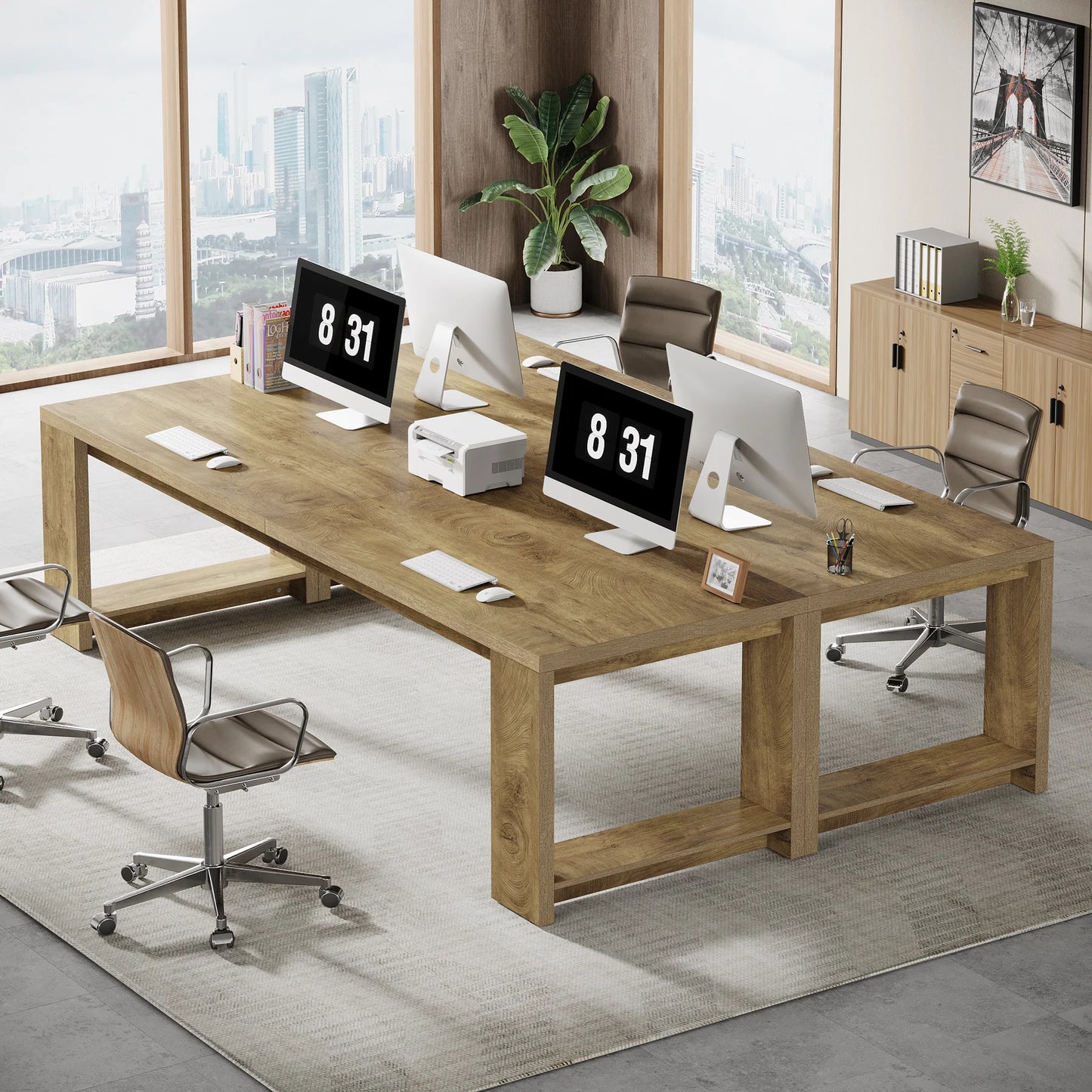 Extra Long 86.6" Two Person Desk Wood Large Workstation