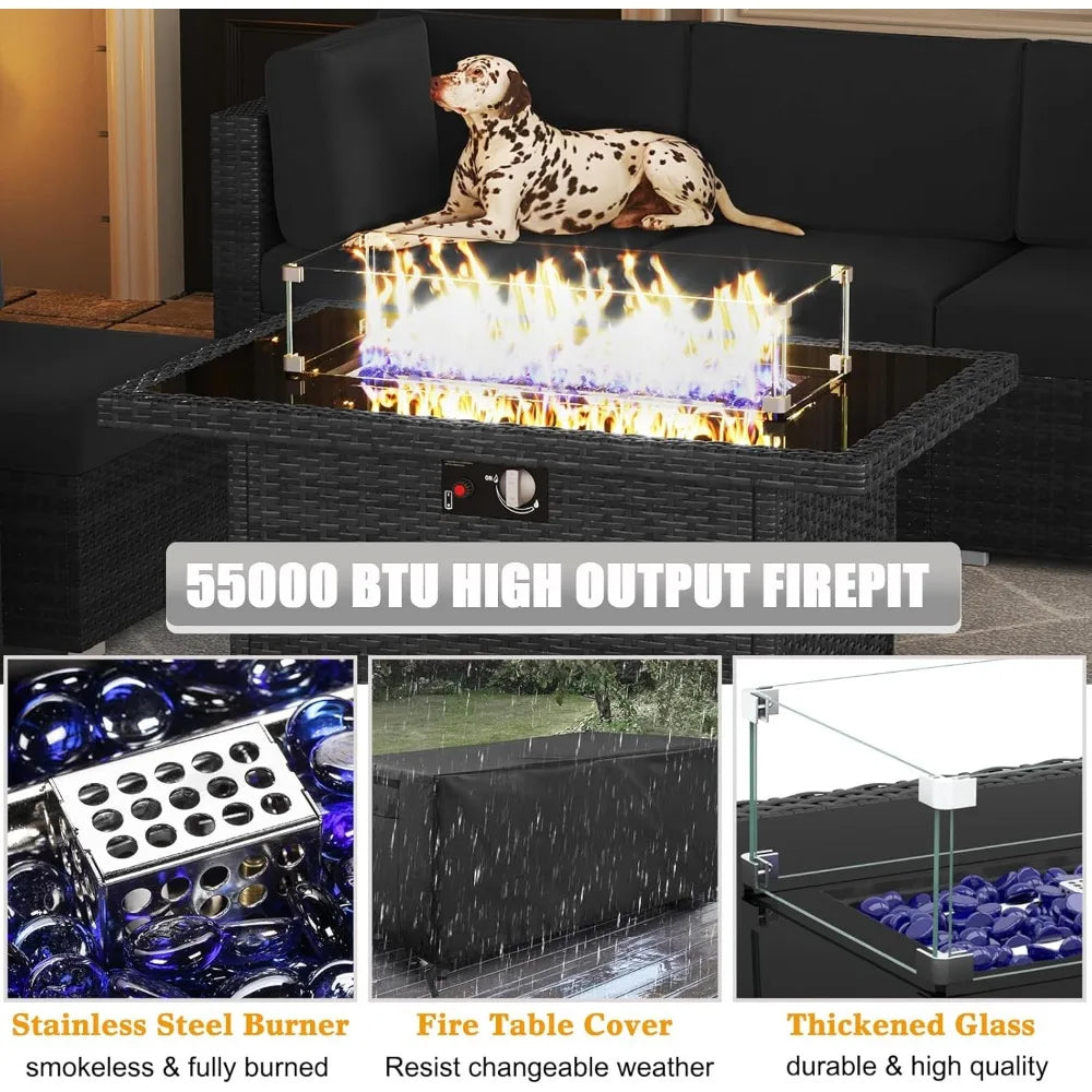 Outdoor Patio Conversion Wicker Rattan Sectional Sofa Set with Fire Pit Table 15Pcs
