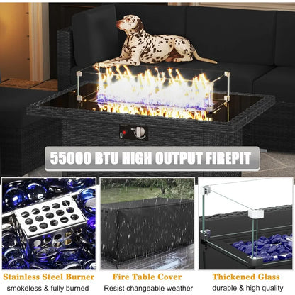 Outdoor Patio Conversion Wicker Rattan Sectional Sofa Set with Fire Pit Table 15Pcs