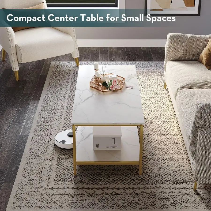 Modern Industrial Coffee Table White Gold 2 Tier