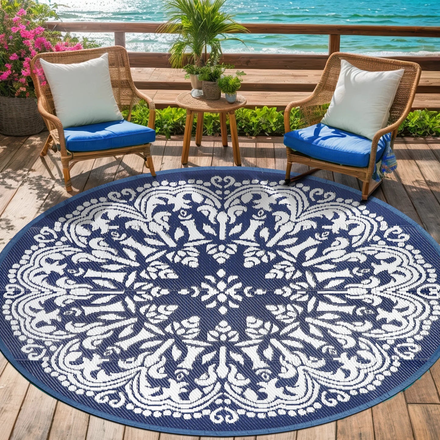 Round Outdoor Reversible Lightweight Plastic Straw Patio Rug 8Ft