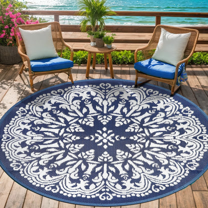 Round Outdoor Reversible Lightweight Plastic Straw Patio Rug 8Ft