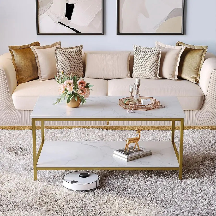 Modern Industrial Coffee Table White Gold 2 Tier