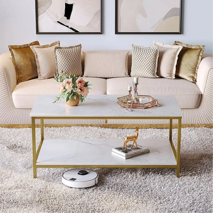 Modern Industrial Coffee Table White Gold 2 Tier