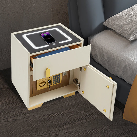 Solid Wood LED Smart Nightstand w/ Drawer (2), Safe, Wireless Charging