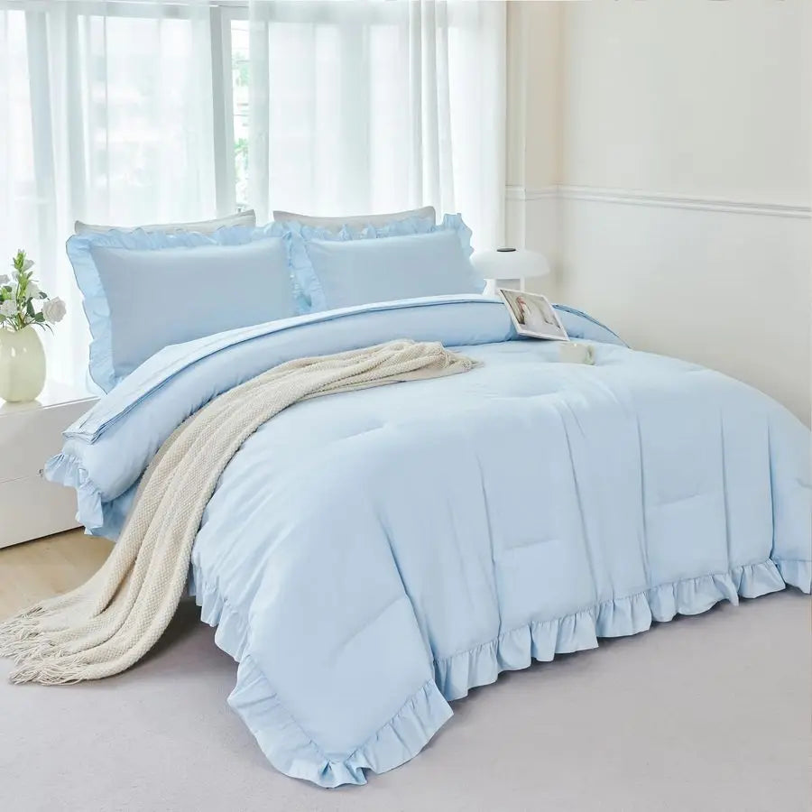Ruffled Farmhouse Light Blue Twin Comforter Set Girls Bed in A Bag Solid Boho Bedding 5 Pieces