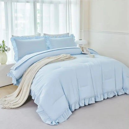 Ruffled Farmhouse Light Blue Twin Comforter Set Girls Bed in A Bag Solid Boho Bedding 5 Pieces