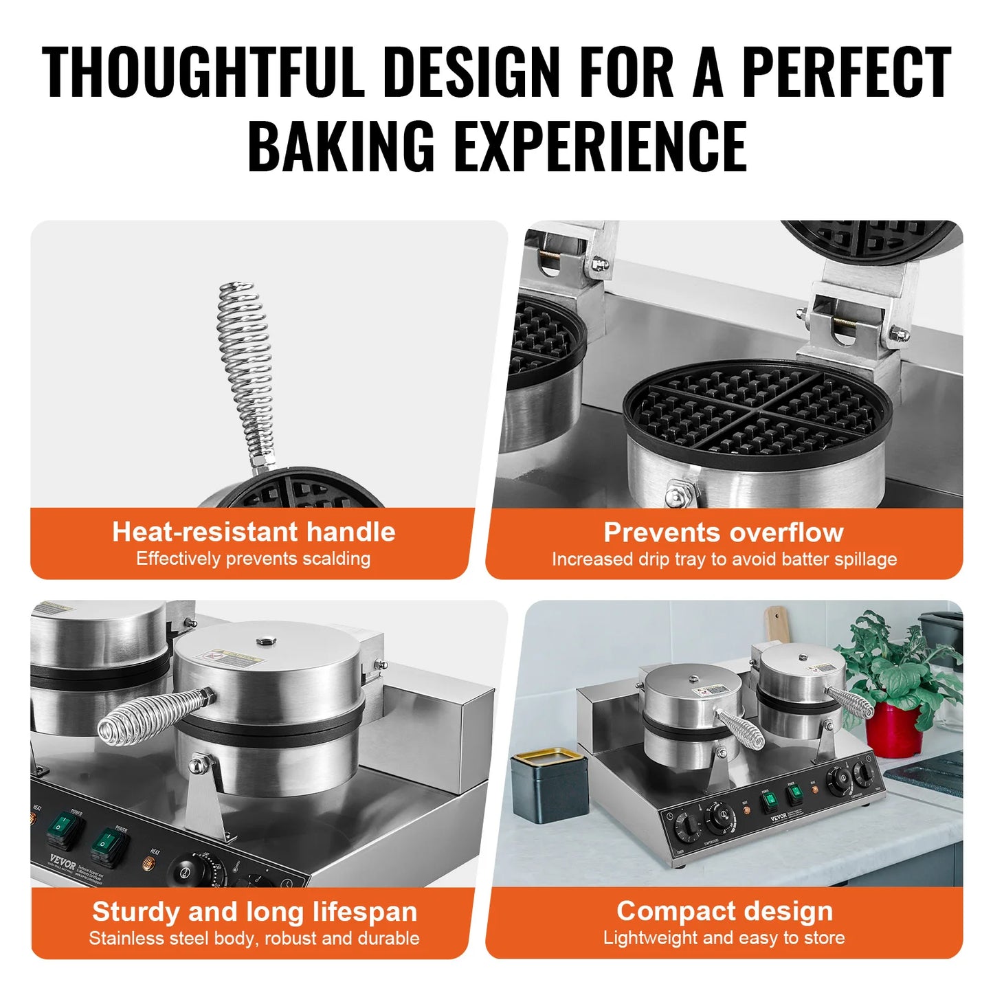 Commercial Dual Head Round Waffle Maker 2460W Non-Stick Stainless Steel Belgian Waffle Iron