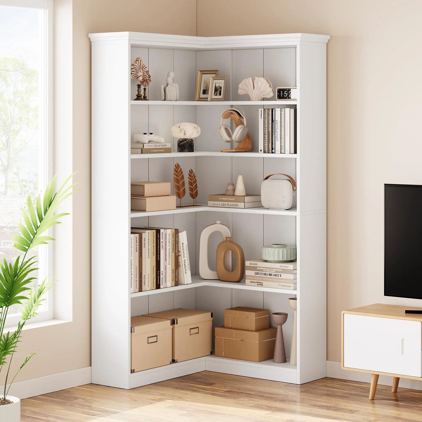 L-Shaped Corner 5-Tier Farmhouse Wooden Bookshelf Open Storage Display Shelf 72.8"