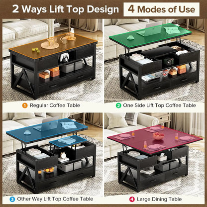 40" Farmhouse Multi-Function 4 in 1 Lift Coffee Table w/ Storage Drawers and Hidden Compartment