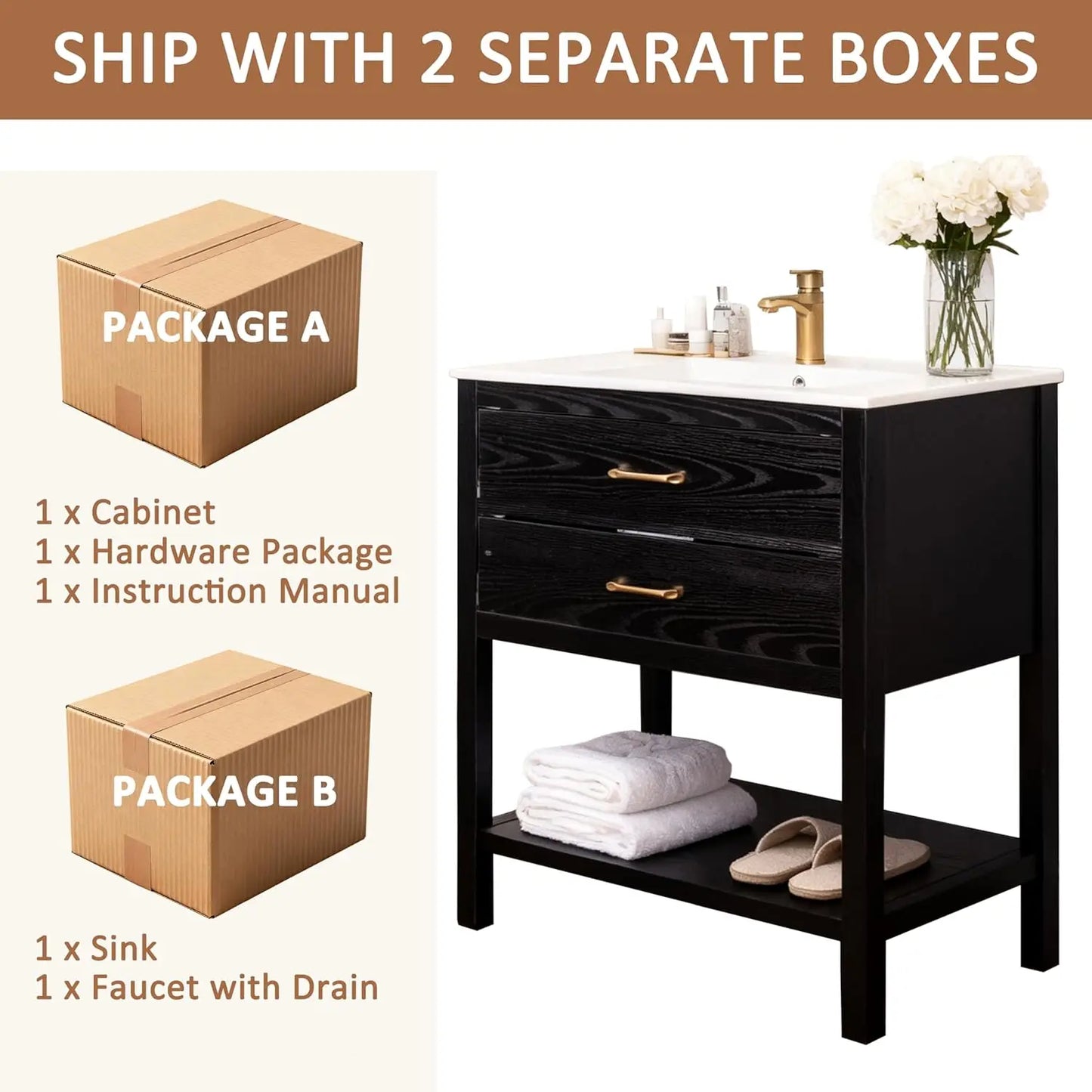 30" Freestanding Farmhouse Bathroom Vanity with Sink Cabinet 2 Drawers & Open Shelf Metal Handles