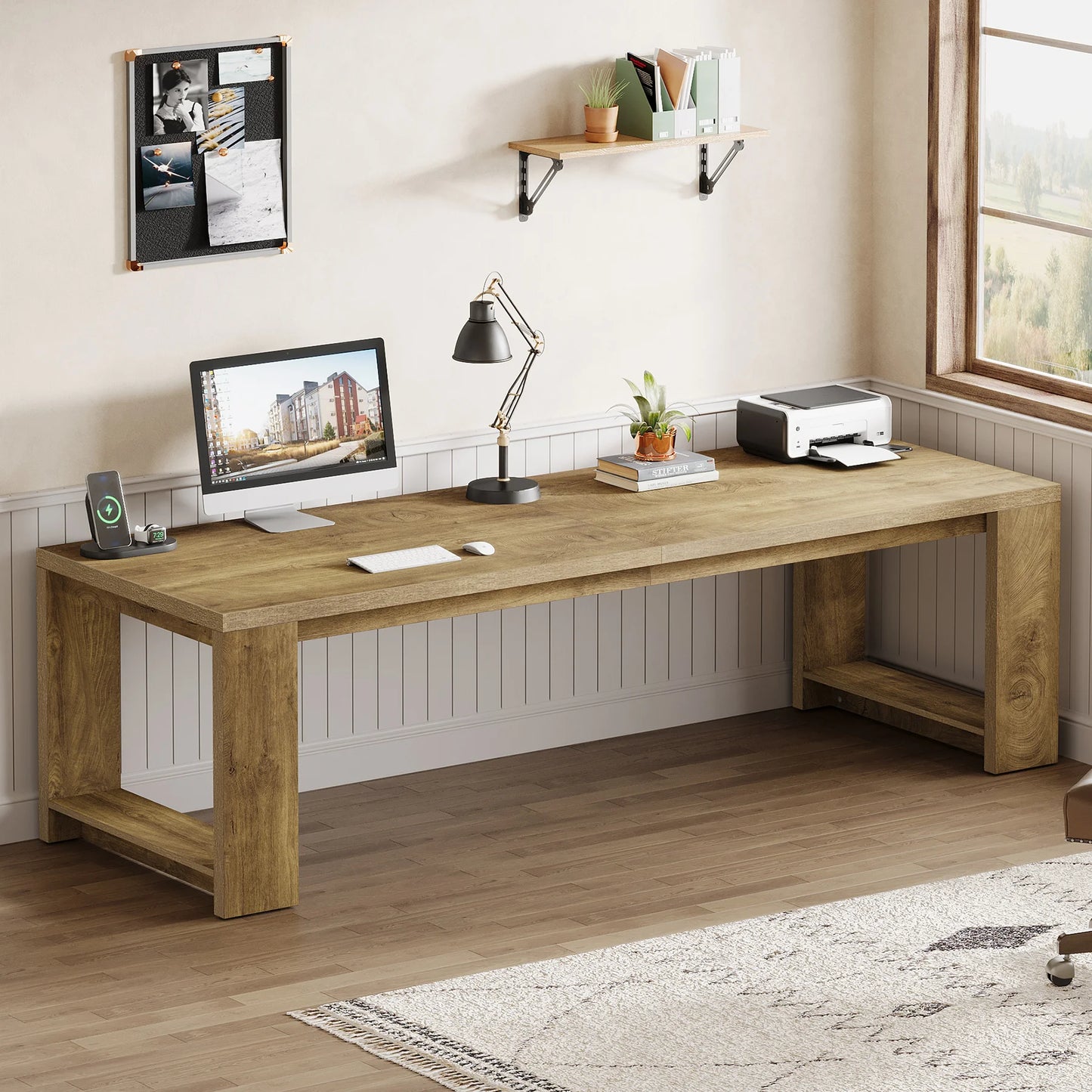 Extra Long 86.6" Two Person Desk Wood Large Workstation