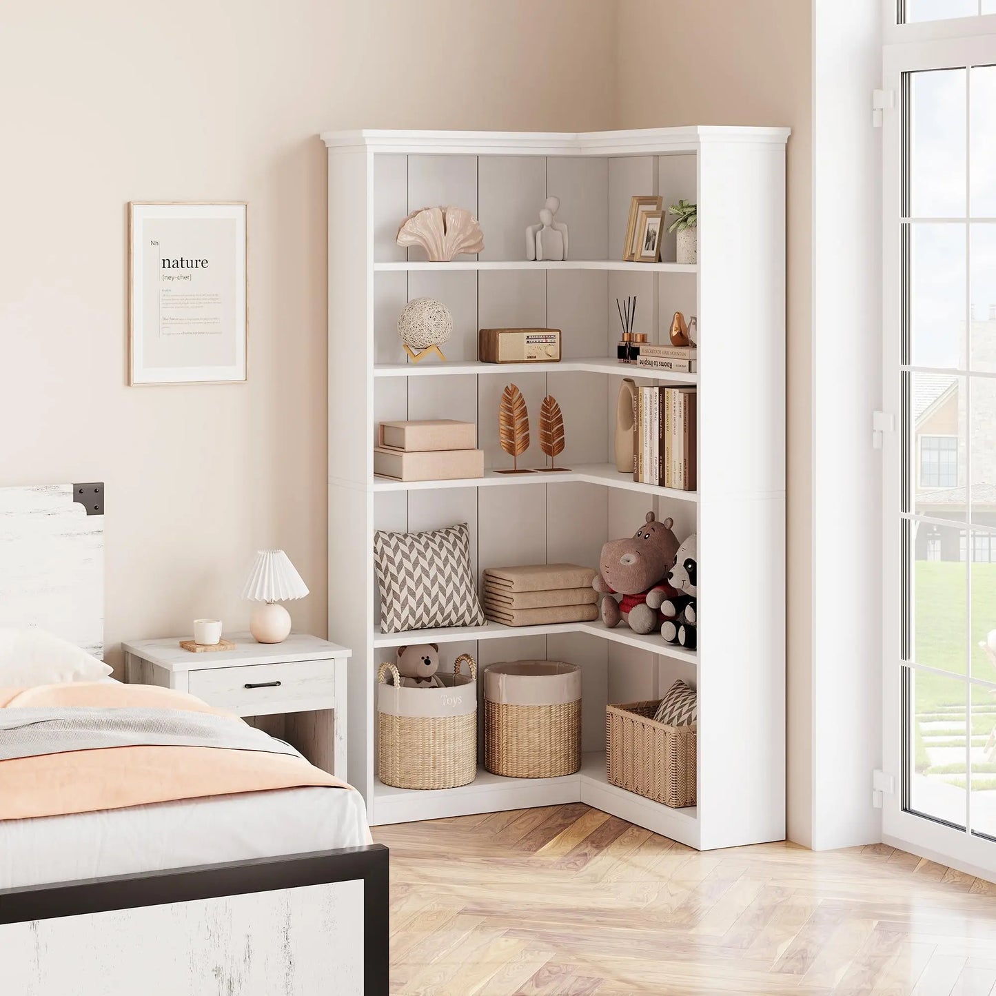 L-Shaped Corner 5-Tier Farmhouse Wooden Bookshelf Open Storage Display Shelf 72.8"