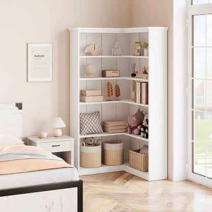 L-Shaped Corner 5-Tier Farmhouse Wooden Bookshelf Open Storage Display Shelf 72.8"