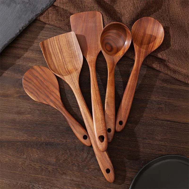 Natural Wood Kitchen Tool Set Includes Spoon, Spatula Slotted Spoon 5 Pieces