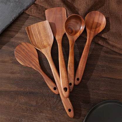 Natural Wood Kitchen Tool Set Includes Spoon, Spatula Slotted Spoon 5 Pieces