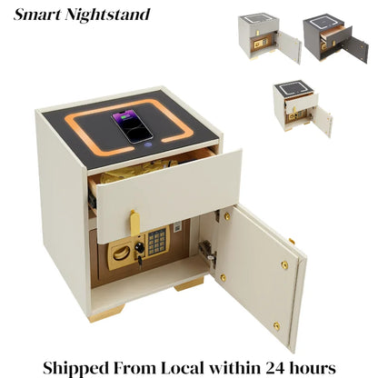 Solid Wood LED Smart Nightstand w/ Drawer (2), Safe, Wireless Charging