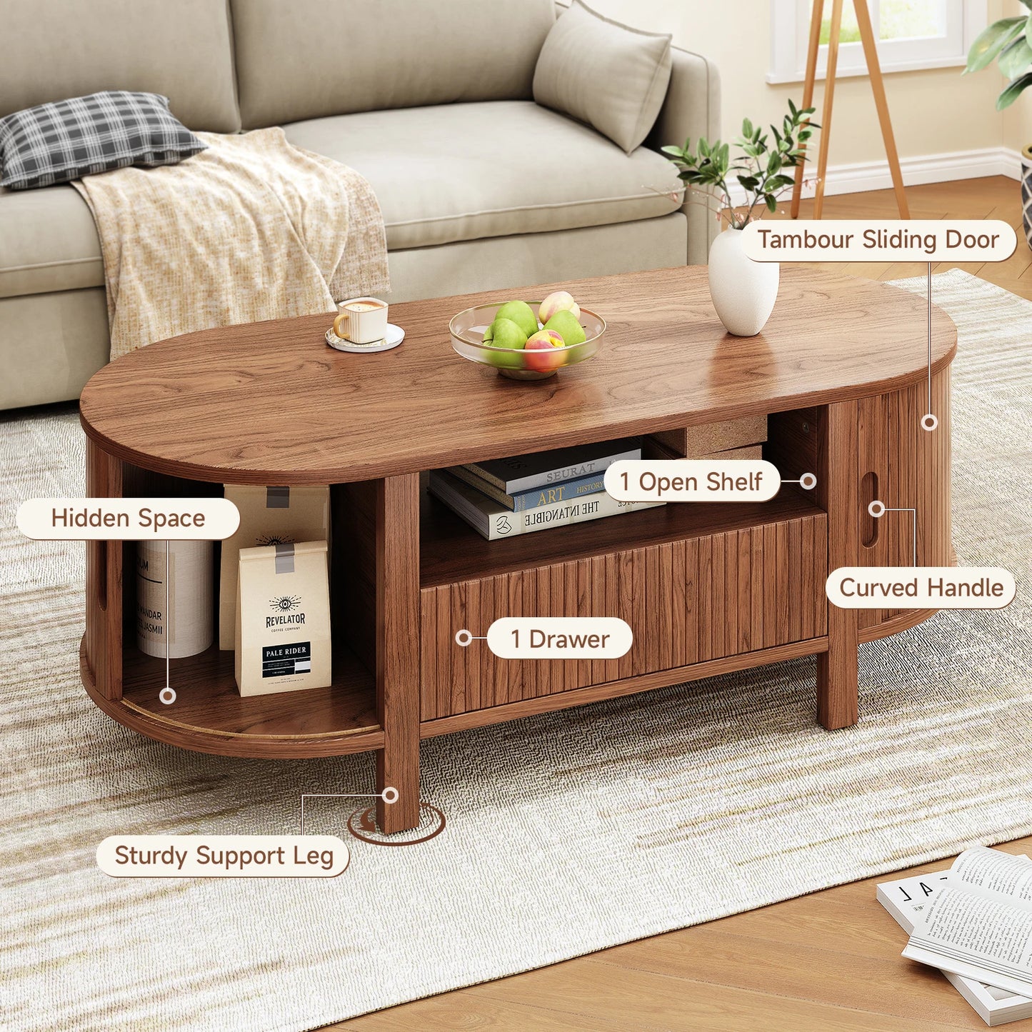 Mid-Century Modern Fluted Oval Coffee Table 47" with Cabinets Sliding Doors