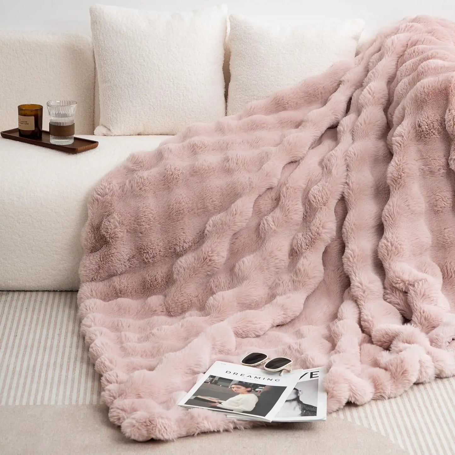 Faux Rabbit Fleece Throw Blanket for Bedroom Living Room