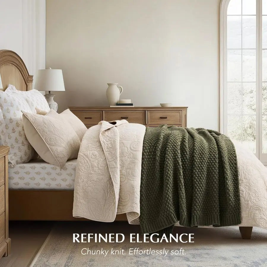 Chenille Knitted Decorative Farmhouse Throw Blanket Soft Luxurious Moss Stitch Blankets for Bed, Couch