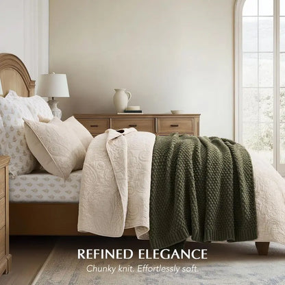 Chenille Knitted Decorative Farmhouse Throw Blanket Soft Luxurious Moss Stitch Blankets for Bed, Couch
