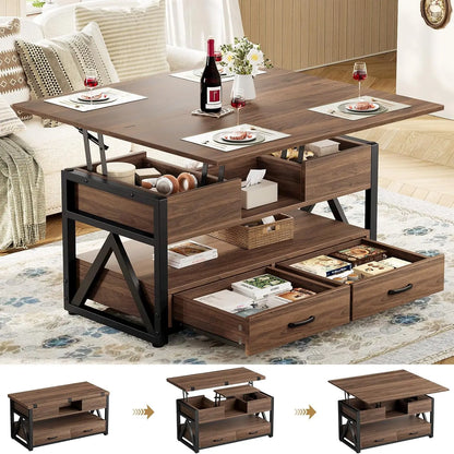 40" Farmhouse Multi-Function 4 in 1 Lift Coffee Table w/ Storage Drawers and Hidden Compartment
