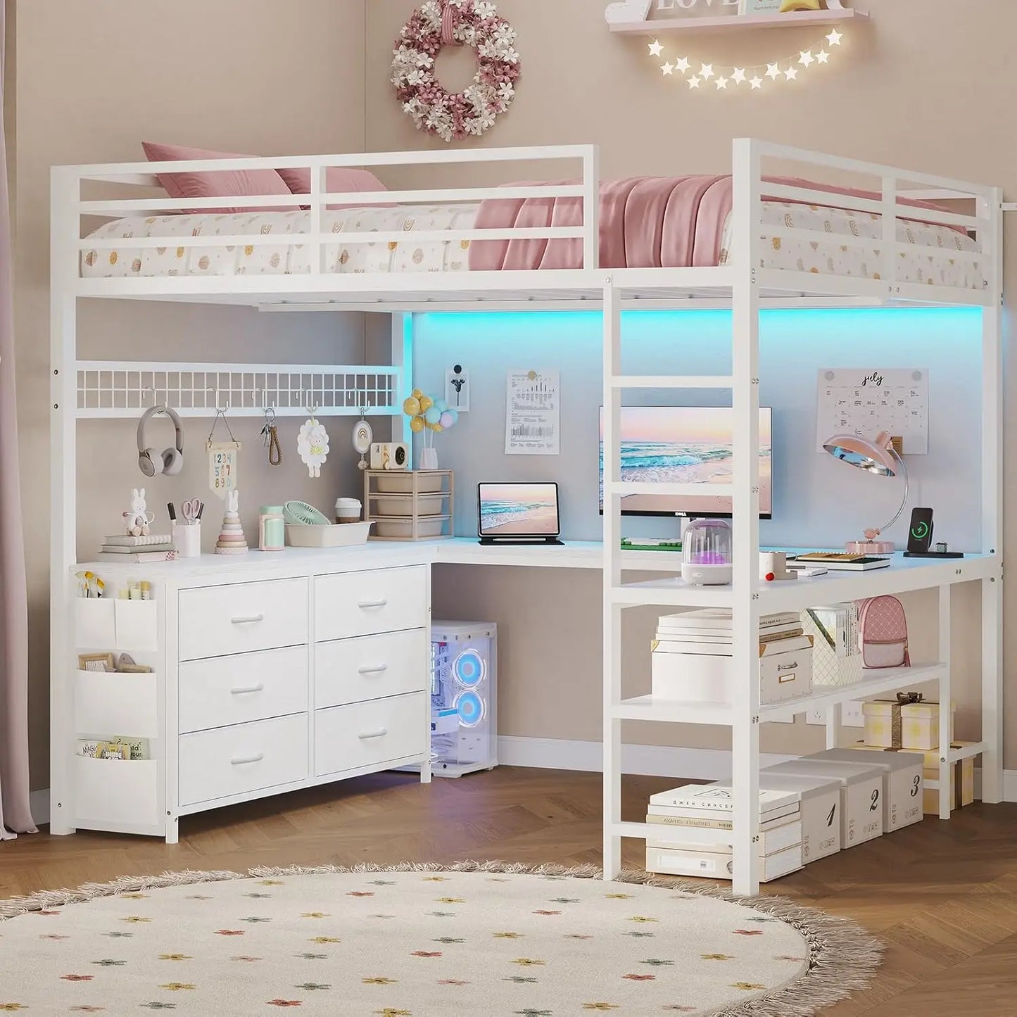 Metal Loft Full Size Bed with U-Shaped Desk 6 Storage Drawers Power Outlet LED