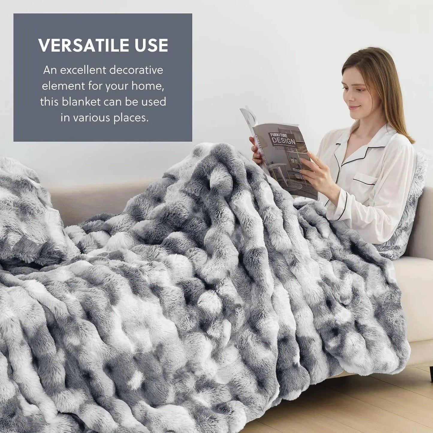 Faux Rabbit Fleece Throw Blanket for Bedroom Living Room