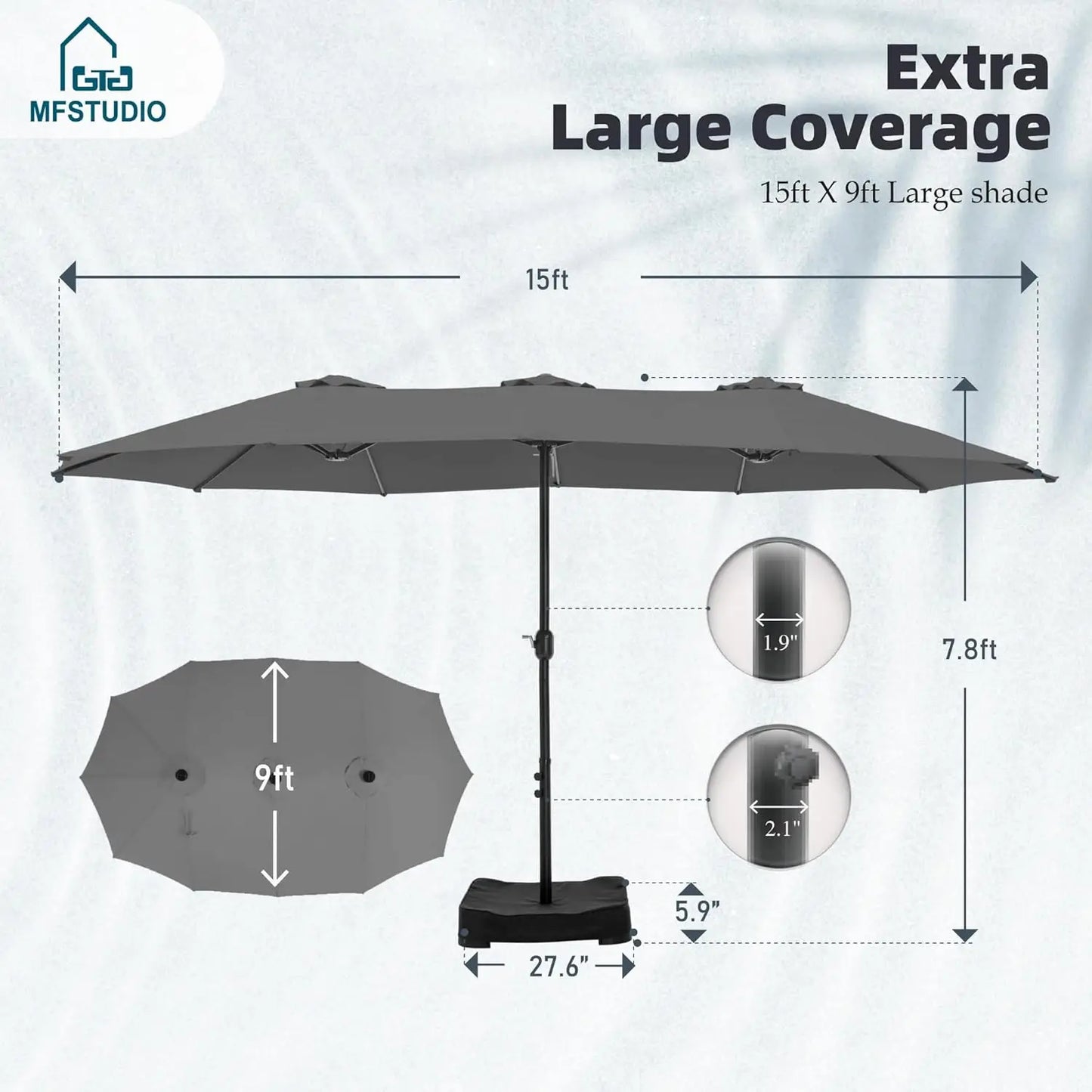 Large Double Sided Outdoor Rectangular Patio Umbrella Base Included Crank Handle 15 Ft
