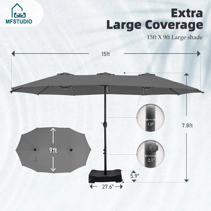Large Double Sided Outdoor Rectangular Patio Umbrella Base Included Crank Handle 15 Ft