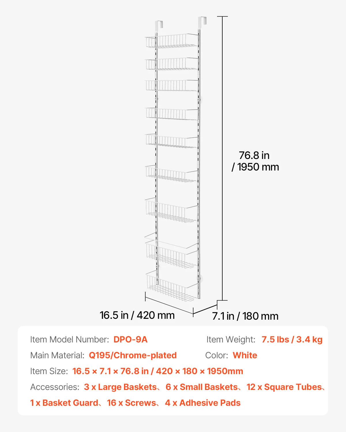 VEVOR 6/8/9/10 Tier Over the Door Hanging Pantry Spice Rack Organizer Heavy-Duty Steel Adjustable