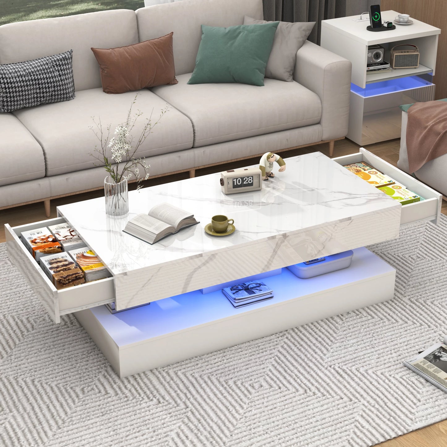 Modern Stylish Double-Layer Design Coffee Table with LED Lights 2 Storage Drawers