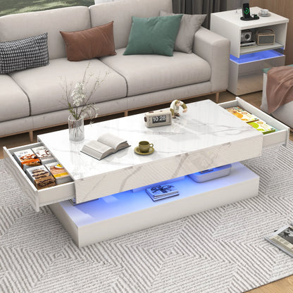 Modern Stylish Double-Layer Design Coffee Table with LED Lights 2 Storage Drawers